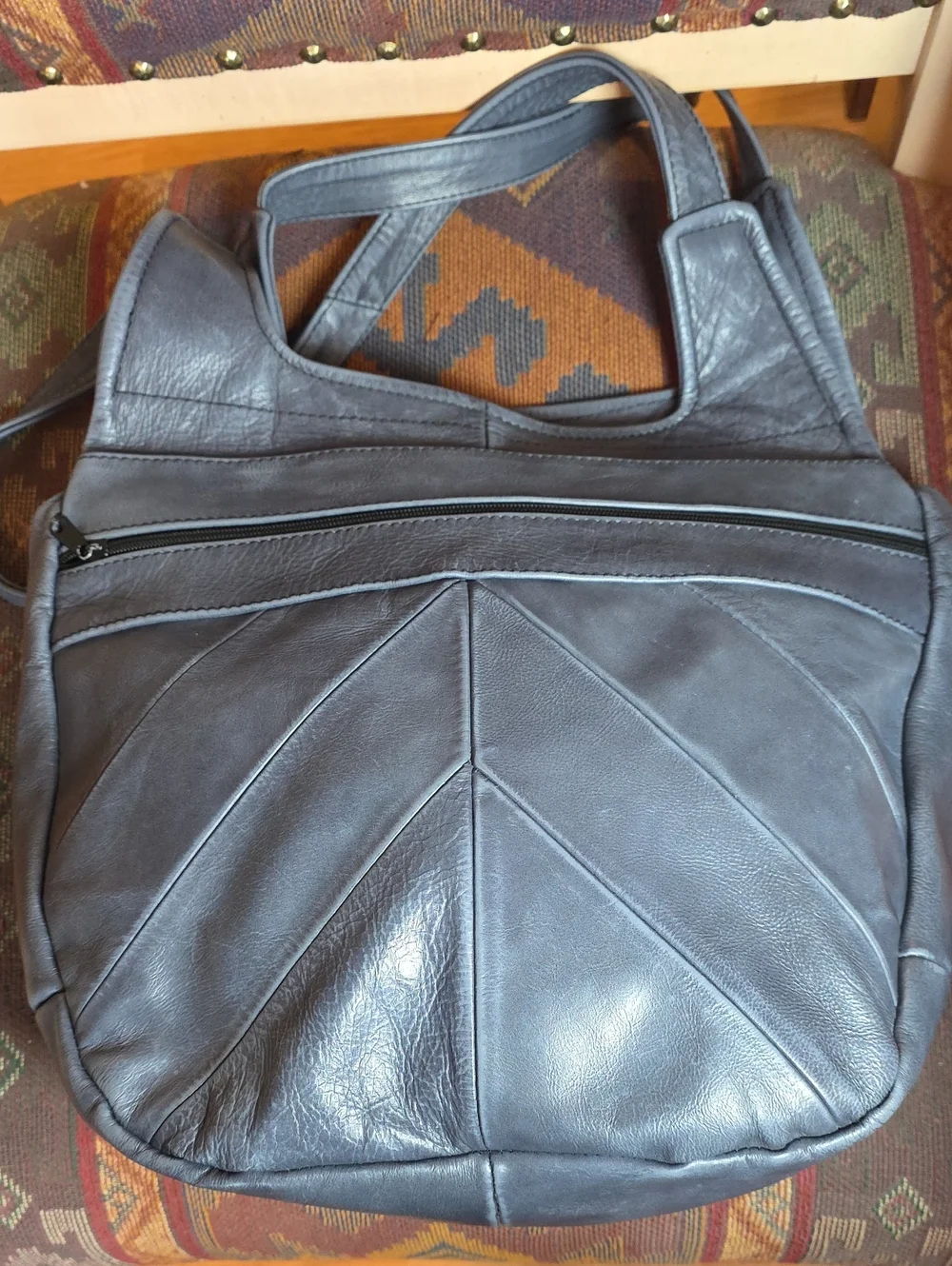 Vintage Slouchy Mexican Chevron Patchwork Leather Hobo Shoulder Bag - Capacious